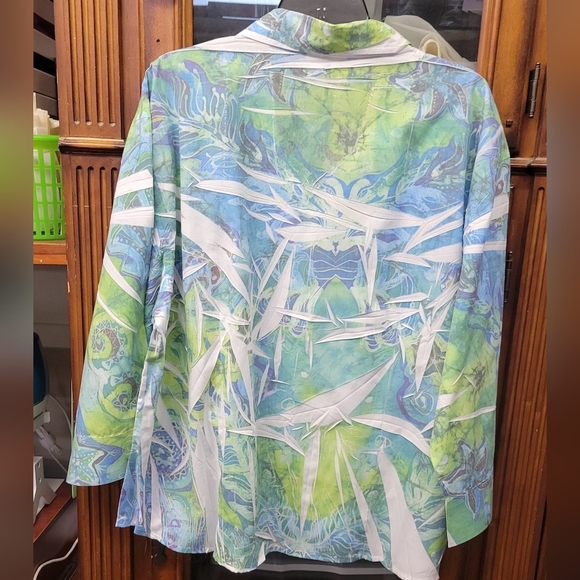 Las Olas 2X Green Blue Button Up 3/4 Sleeve - Picture 2 of 7